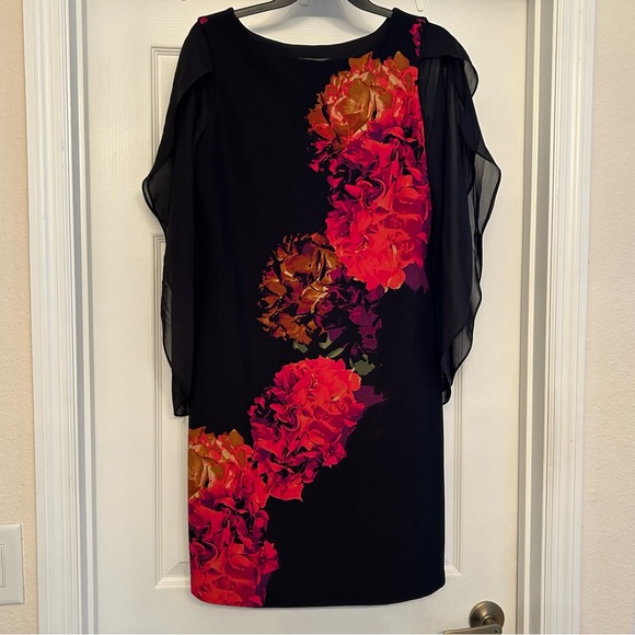 Donna Ricco Dress Womens Size 6 Black Floral Print Sheath Kimono Sleeves - Picture 1 of 8